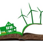 Turbines de maison verte sur livre texturé de sol d'herbe, illustration 3D.